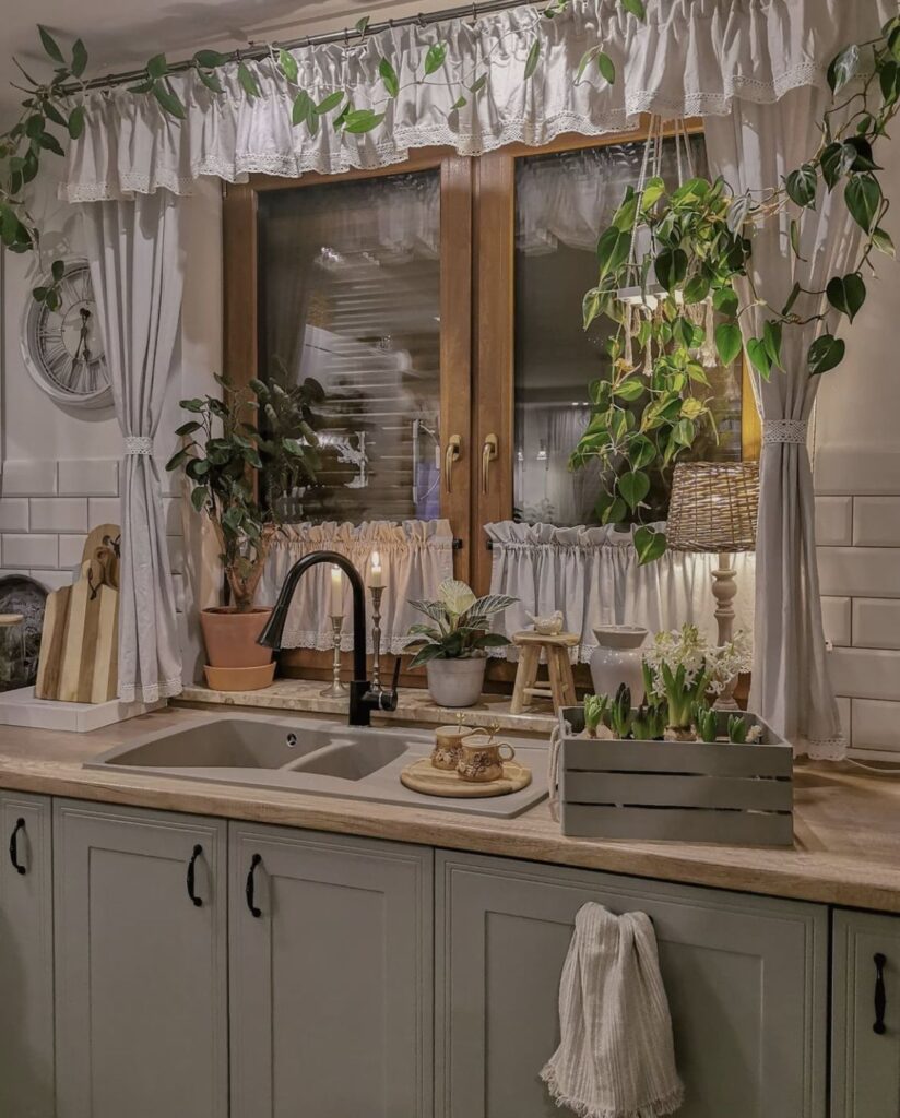 المطبخ مكتظ بالأشكال الكلاسيكية والديكورات والنباتات،